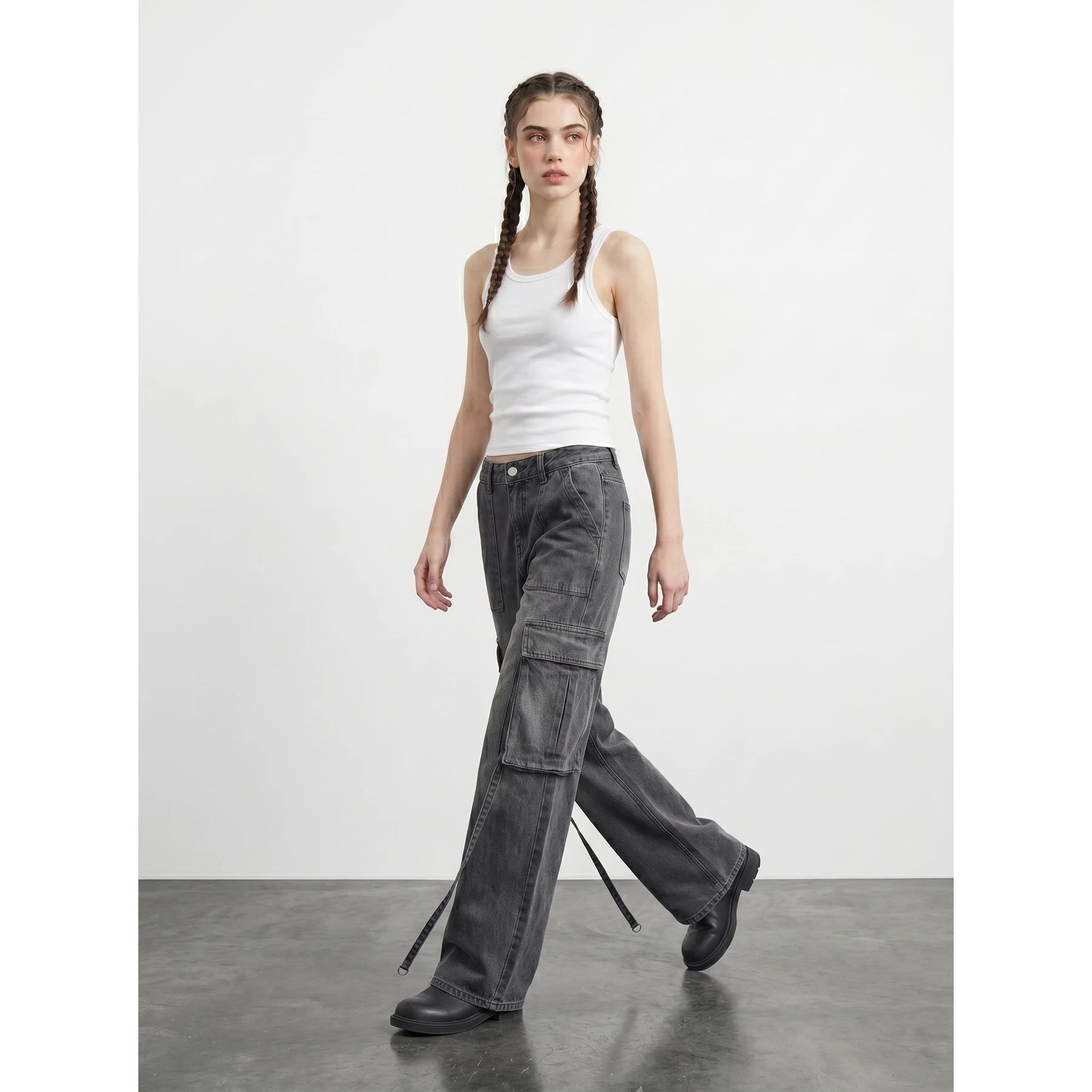 Charcoal Wide Leg Cargo Jeans
