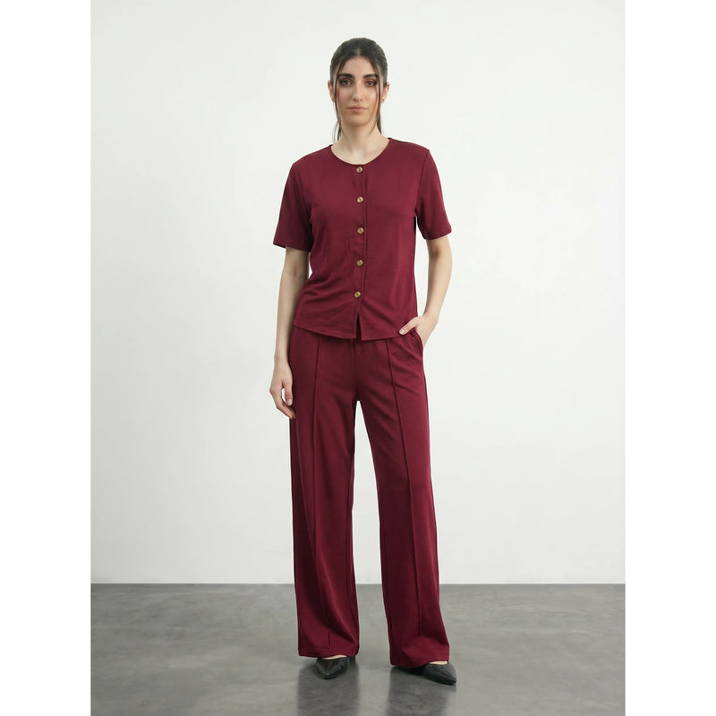 Burgundy Crew Neck Button Down Top | Montivo Pakistan