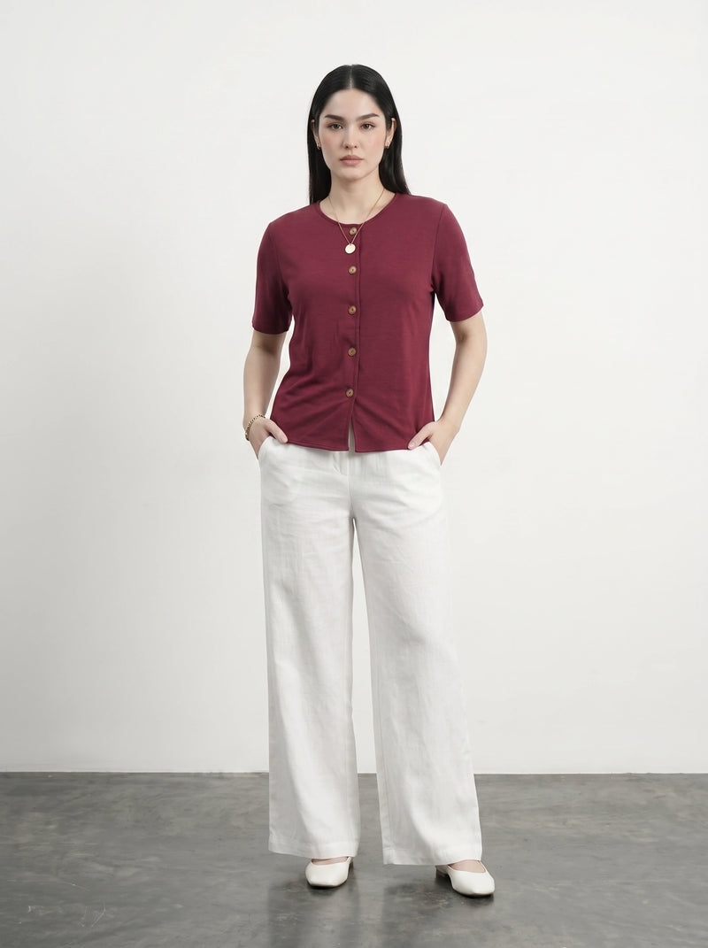 Burgundy Crew Neck Button Down Top | Montivo Pakistan