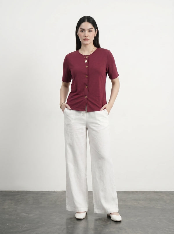 Burgundy Crew Neck Button Down Top | Montivo Pakistan