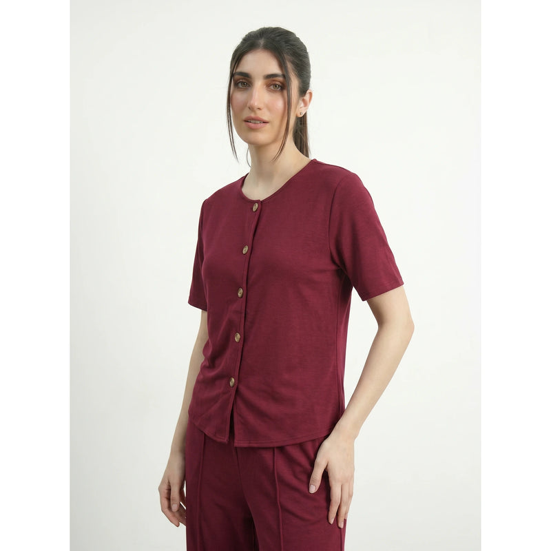 Burgundy Crew Neck Button Down Top | Montivo Pakistan