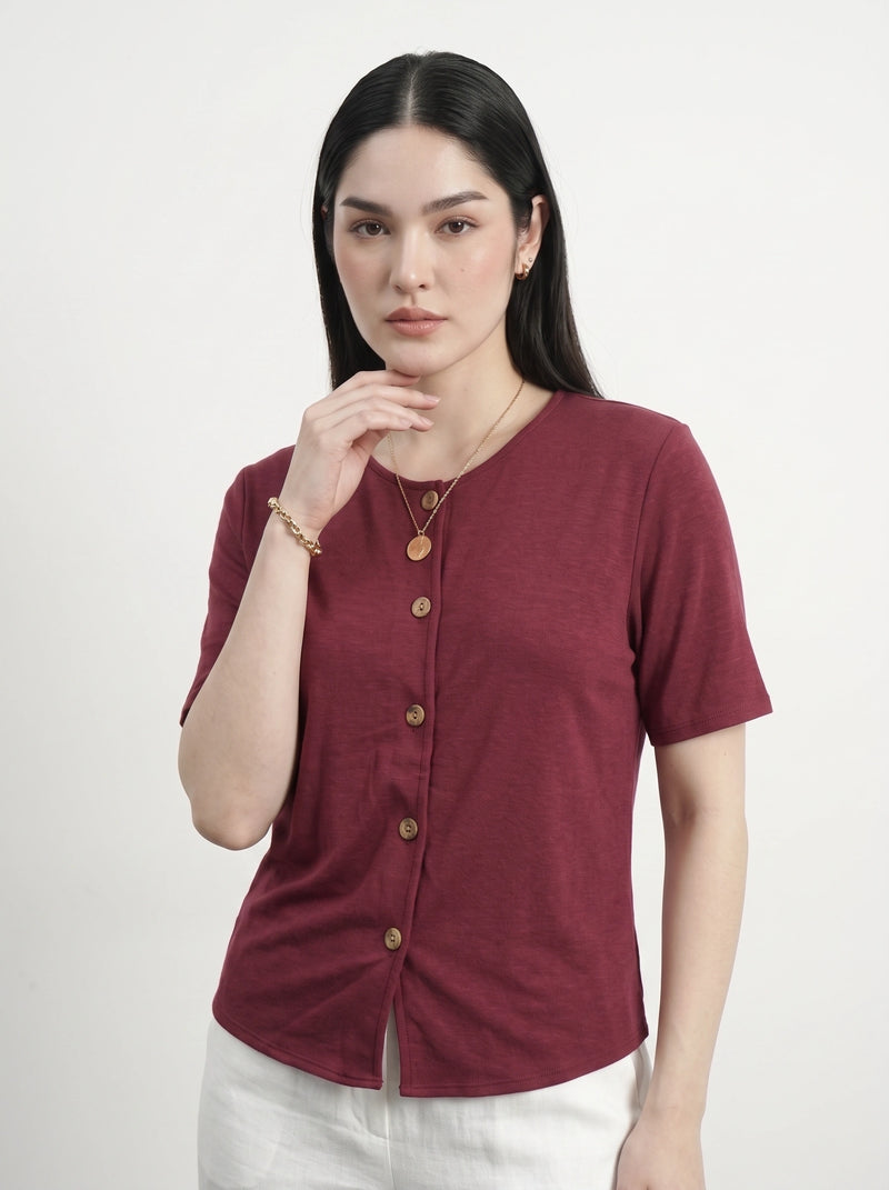 Burgundy Crew Neck Button Down Top | Montivo Pakistan