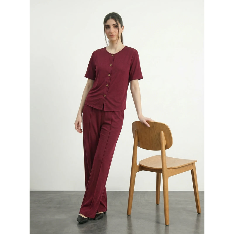 Burgundy Crew Neck Button Down Top | Montivo Pakistan