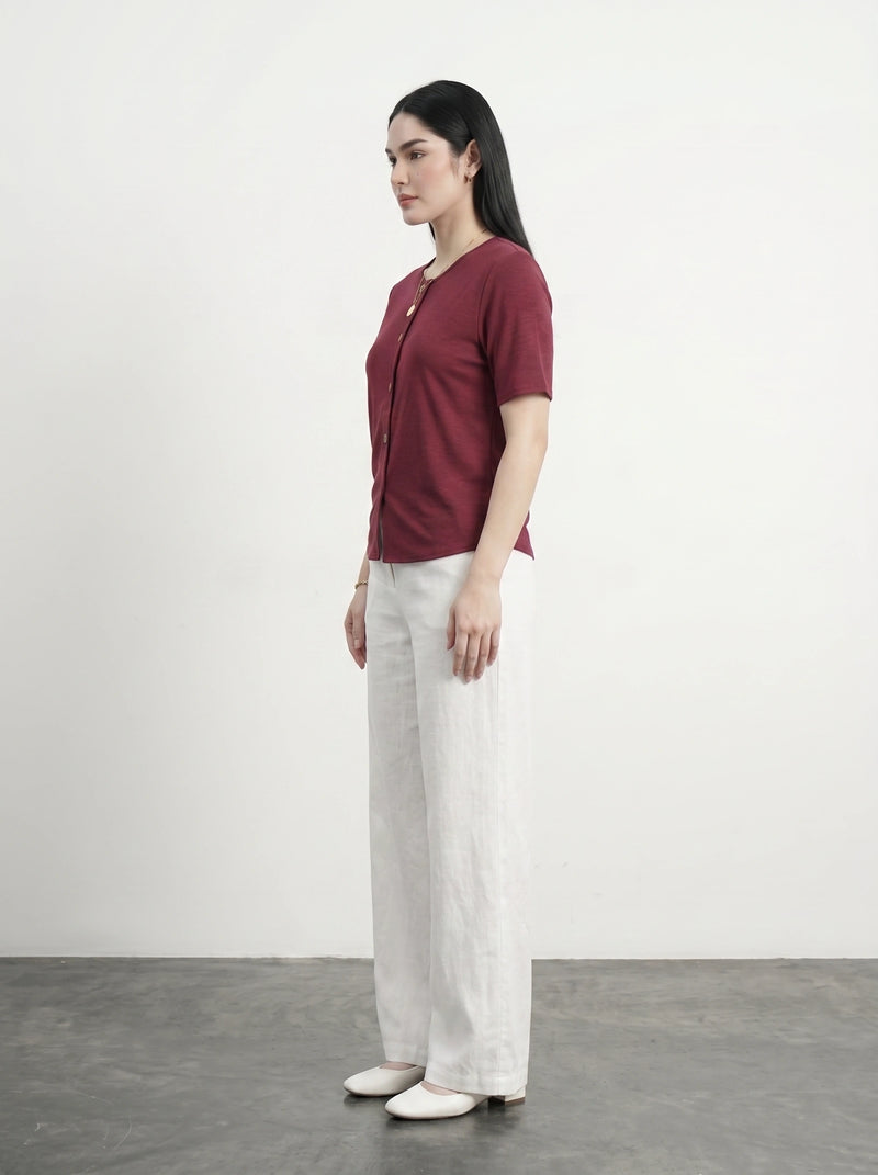 Burgundy Crew Neck Button Down Top | Montivo Pakistan