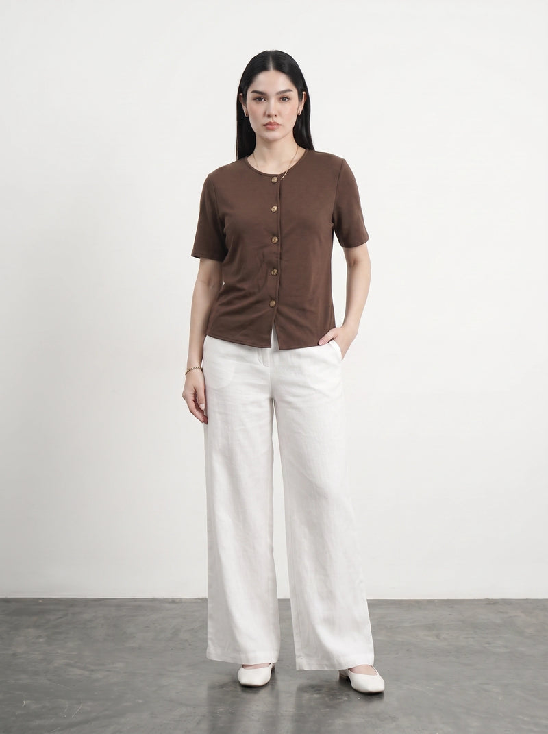 Brown Crew Neck Button Down Top | Montivo Pakistan