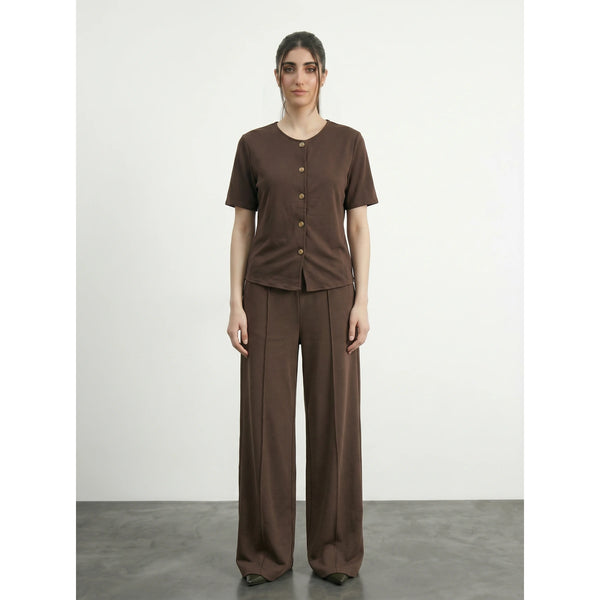 Brown Crew Neck Button Down Top | Montivo Pakistan