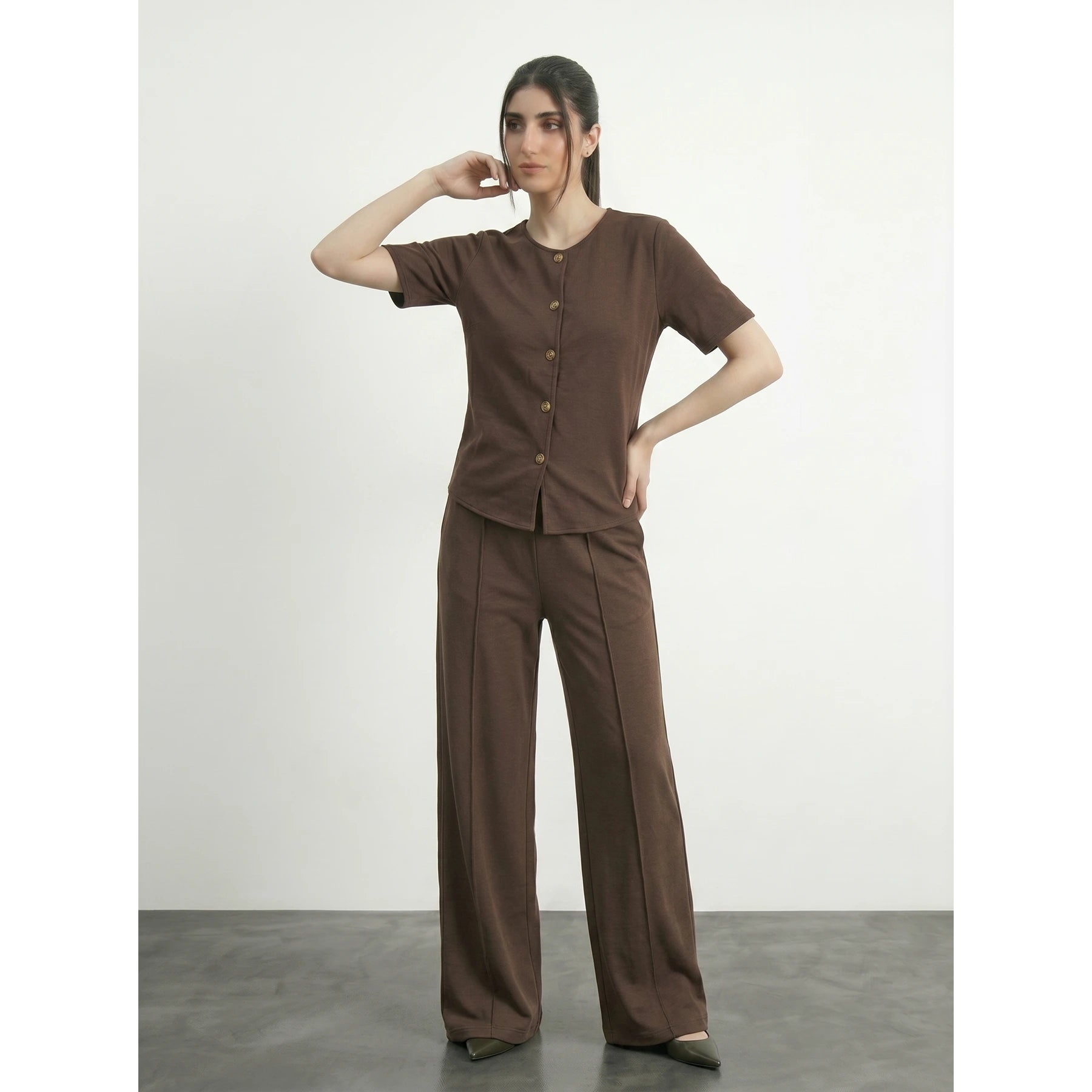 Brown Crew Neck Button Down Top | Montivo Pakistan
