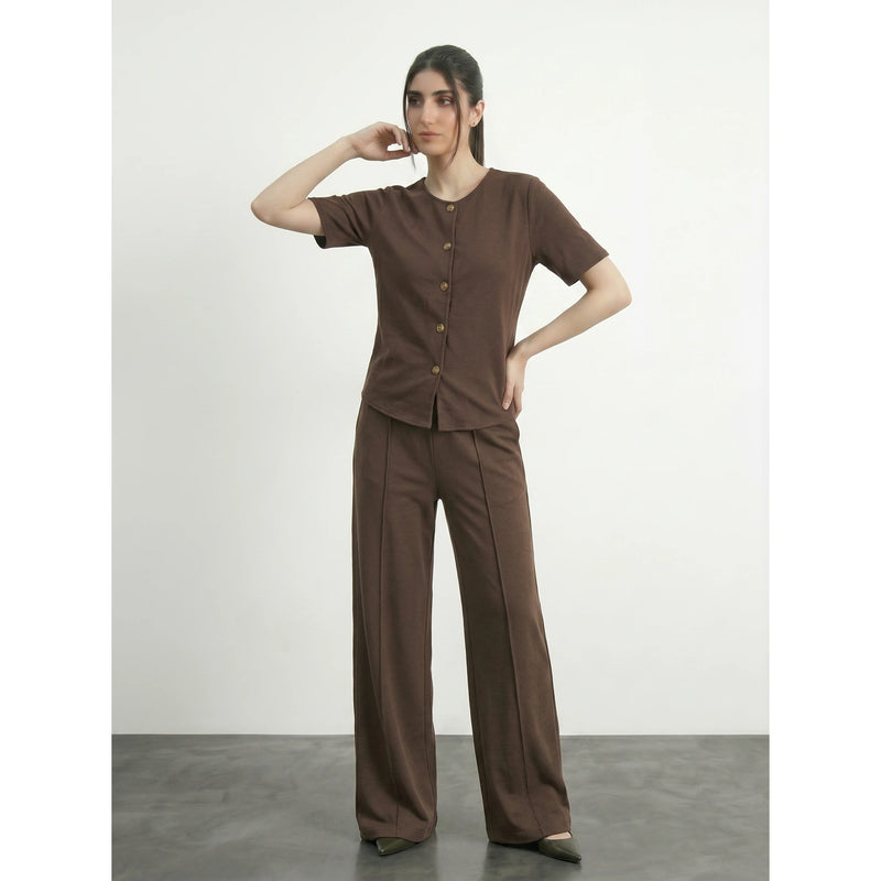 Brown Crew Neck Button Down Top | Montivo Pakistan