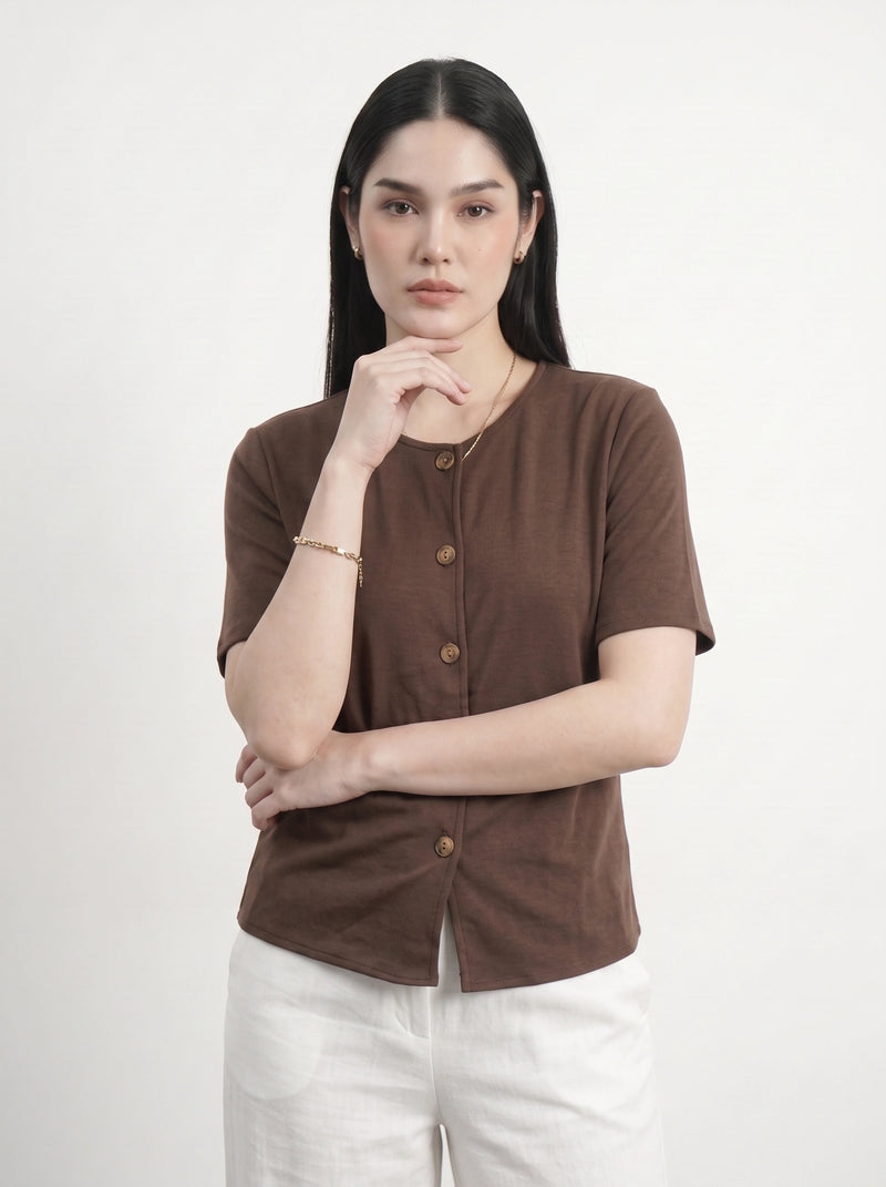 Brown Crew Neck Button Down Top | Montivo Pakistan