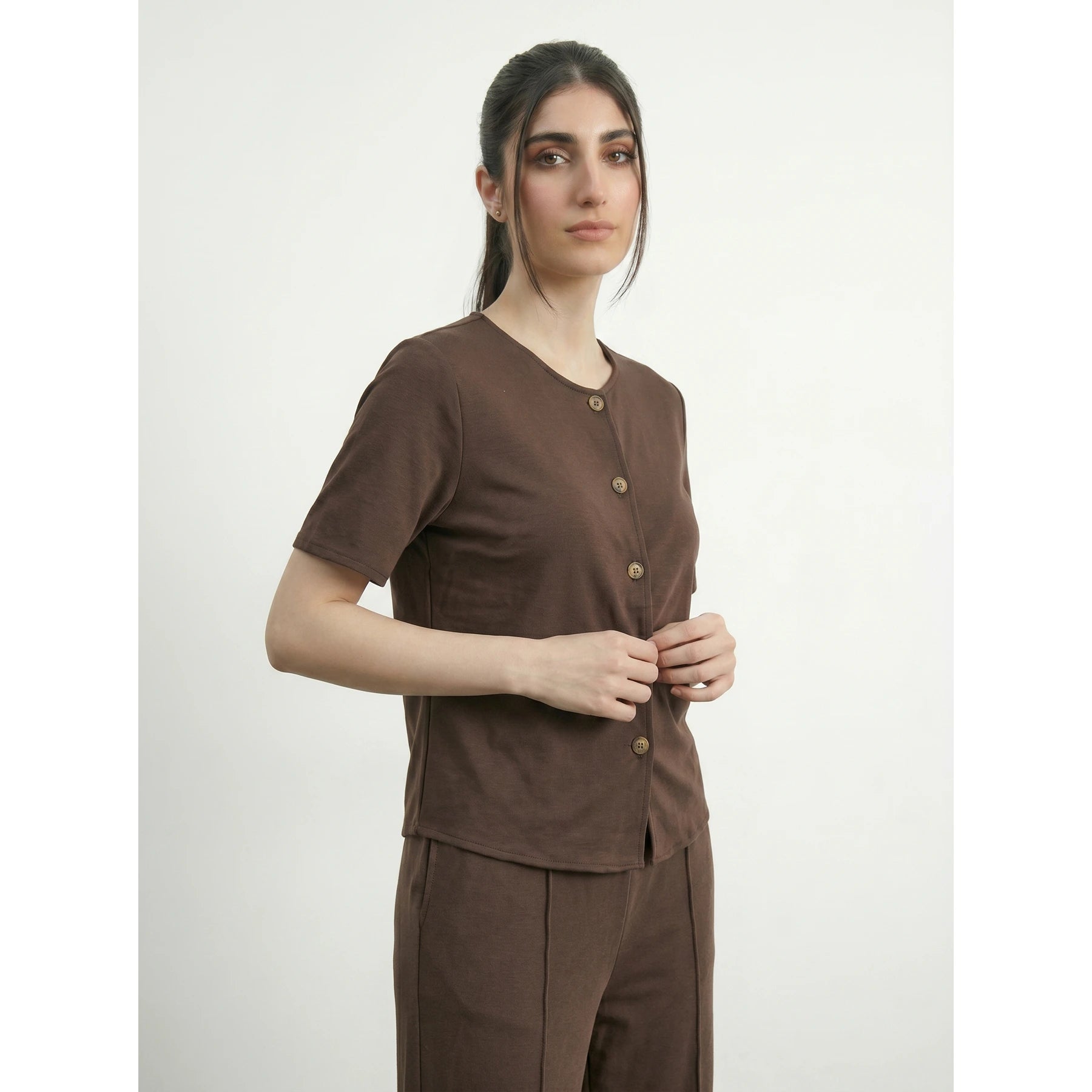 Brown Crew Neck Button Down Top | Montivo Pakistan