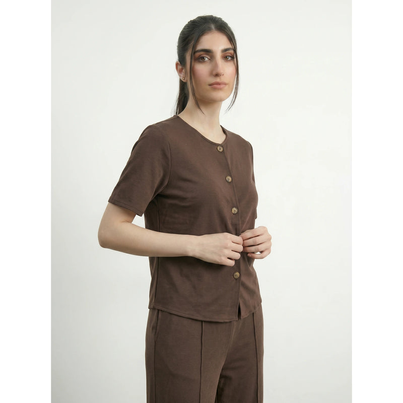 Brown Crew Neck Button Down Top | Montivo Pakistan