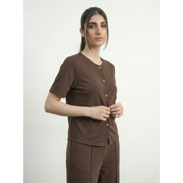 Brown Crew Neck Button Down Top | Montivo Pakistan