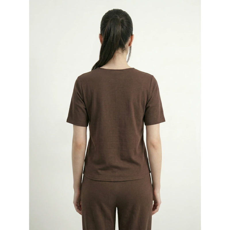 Brown Crew Neck Button Down Top | Montivo Pakistan