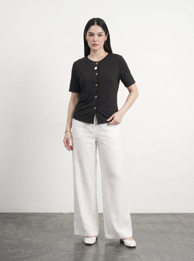 Black Crew Neck Button Down Top | Montivo Pakistan