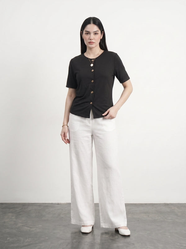 Black Crew Neck Button Down Top | Montivo Pakistan