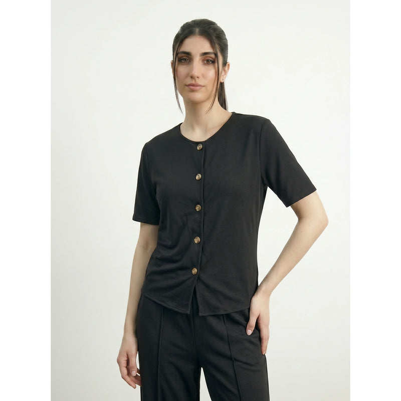 Black Crew Neck Button Down Top | Montivo Pakistan
