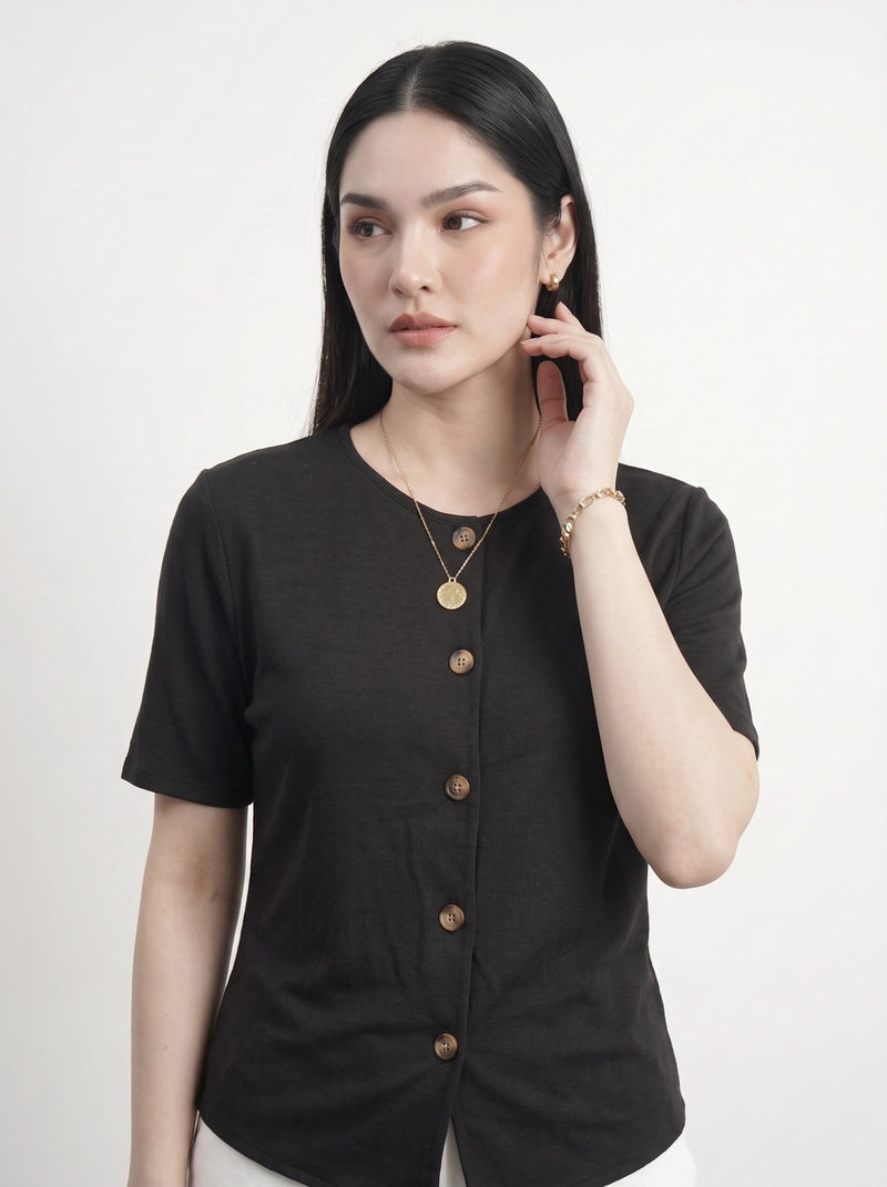Black Crew Neck Button Down Top | Montivo Pakistan