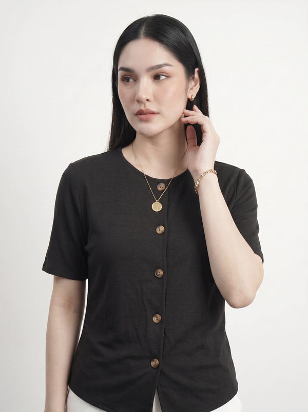 Black Crew Neck Button Down Top | Montivo Pakistan
