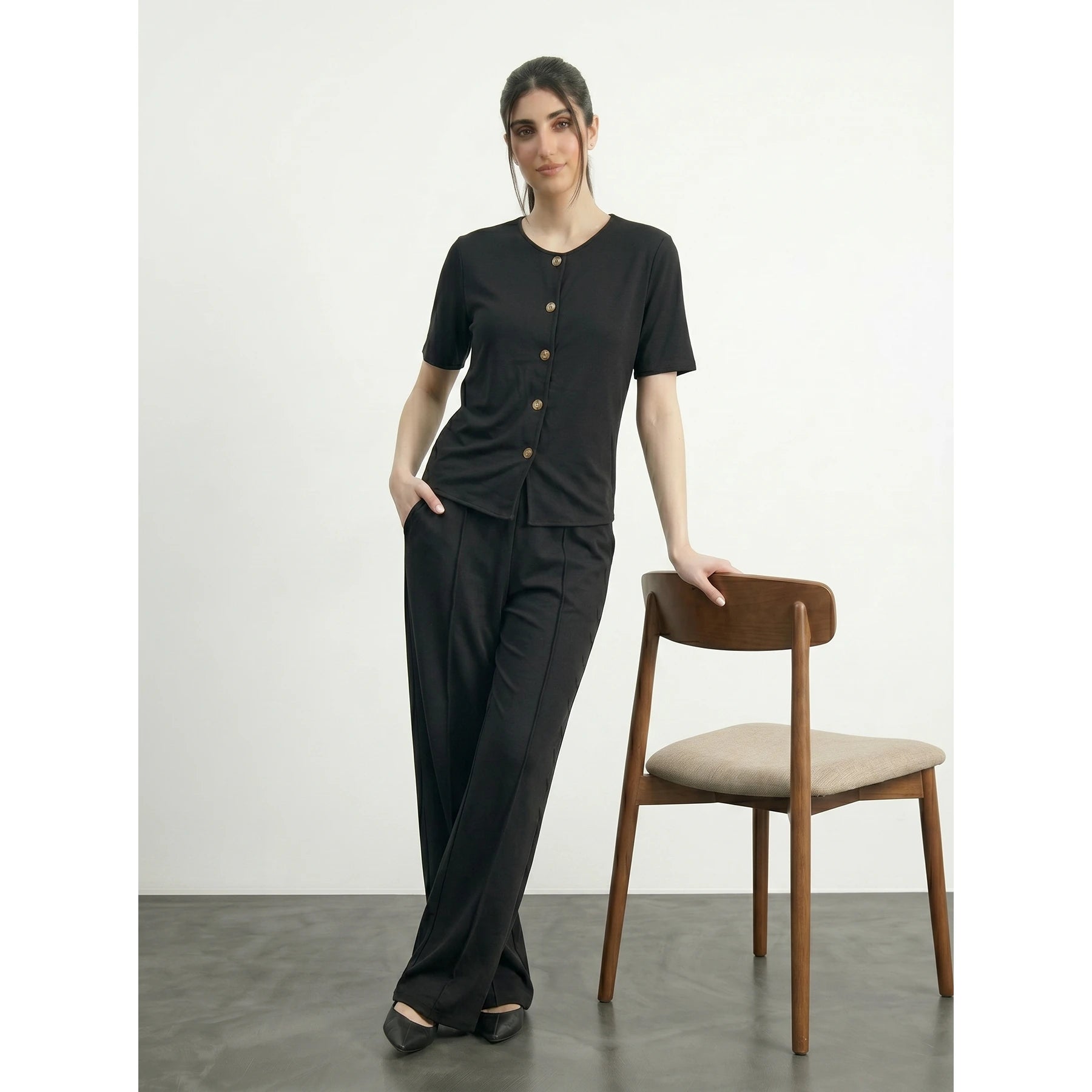 Black Crew Neck Button Down Top | Montivo Pakistan