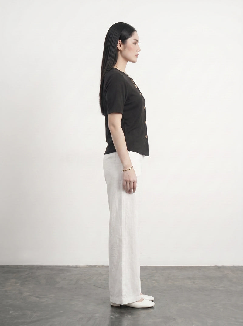 Black Crew Neck Button Down Top | Montivo Pakistan