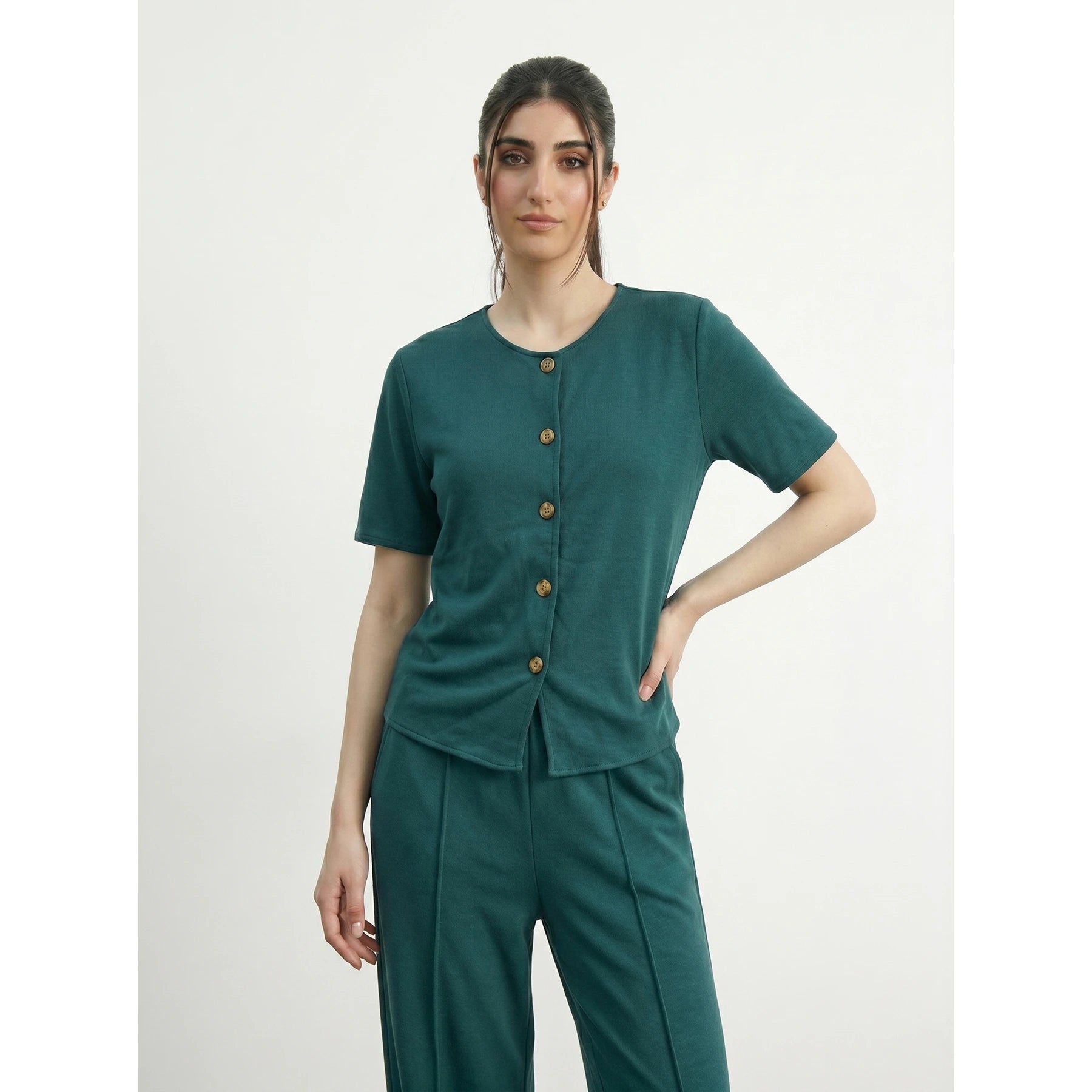 Teal Crew Neck Button Down Top | Montivo Pakistan