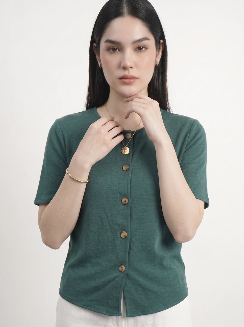 Teal Crew Neck Button Down Top | Montivo Pakistan