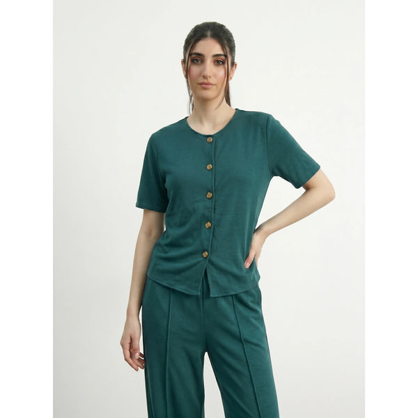 Teal Crew Neck Button Down Top | Montivo Pakistan
