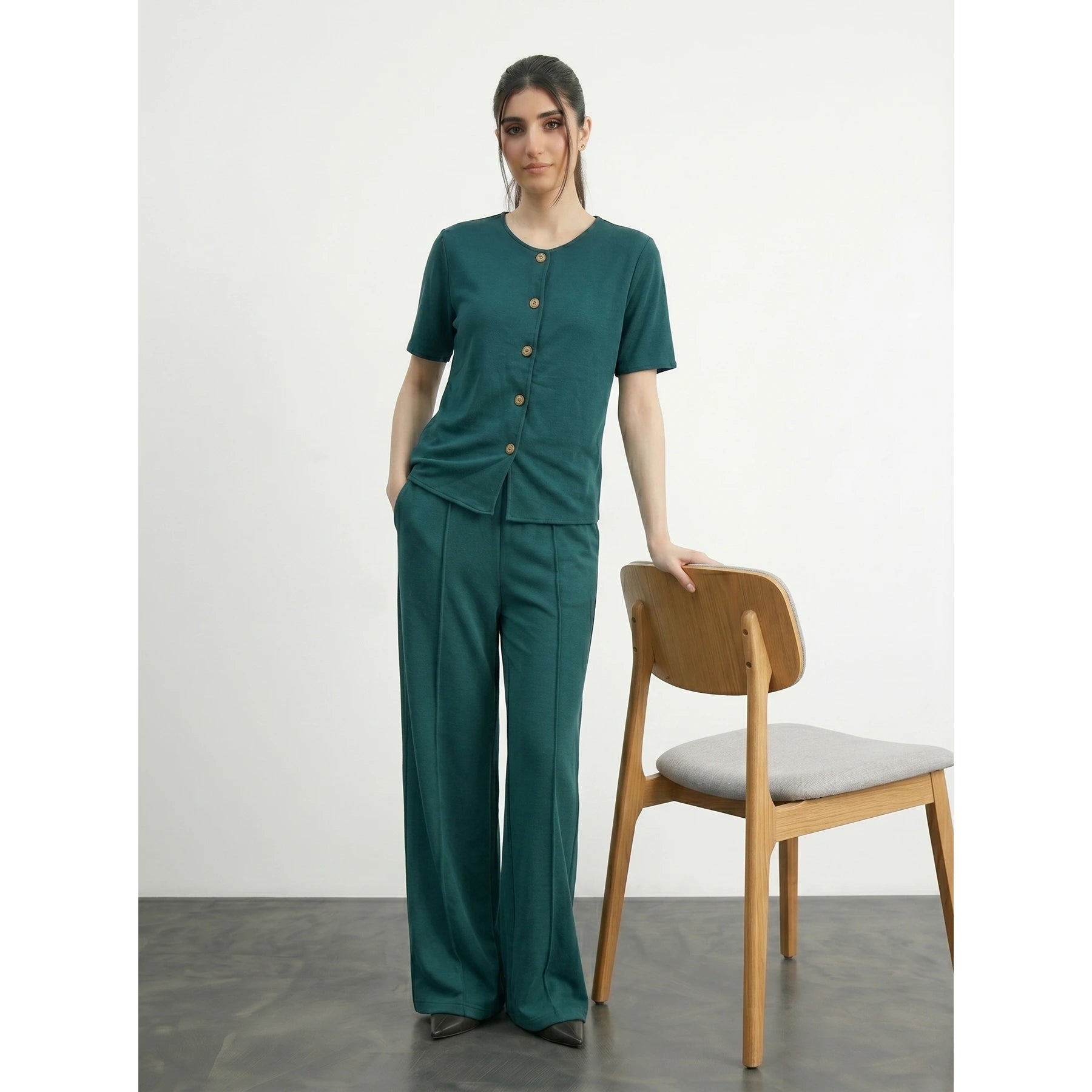 Teal Crew Neck Button Down Top | Montivo Pakistan