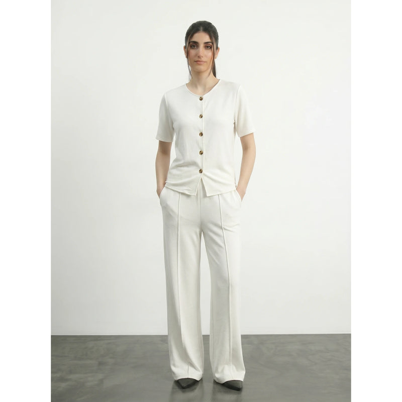 Off-White Crew Neck Button Down Top | Montivo Pakistan