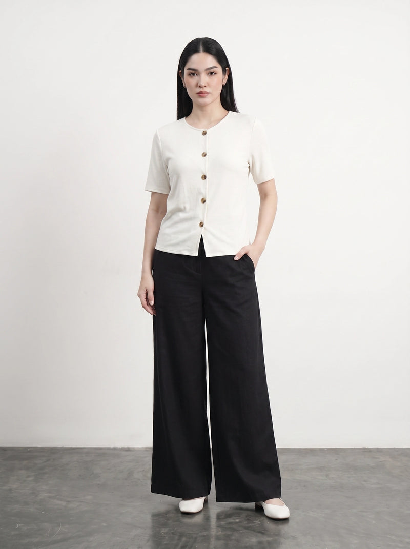 Off-White Crew Neck Button Down Top | Montivo Pakistan