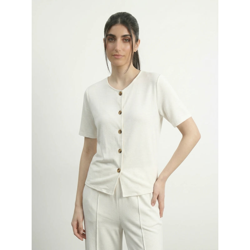 Off-White Crew Neck Button Down Top | Montivo Pakistan