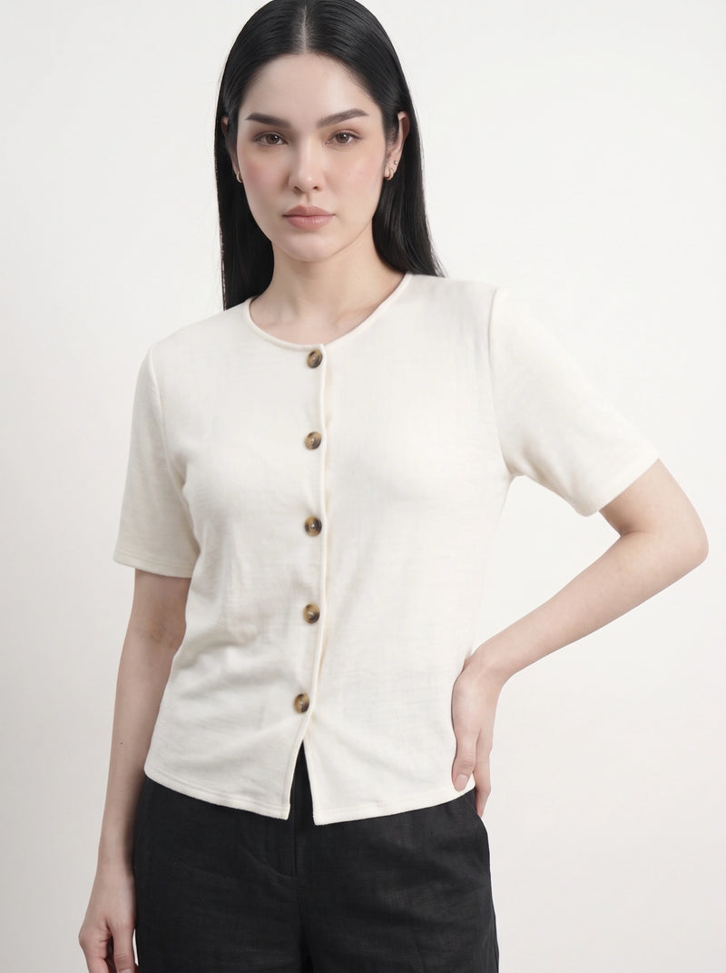 Off-White Crew Neck Button Down Top | Montivo Pakistan
