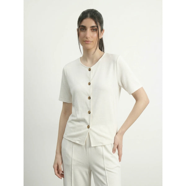 Off-White Crew Neck Button Down Top | Montivo Pakistan