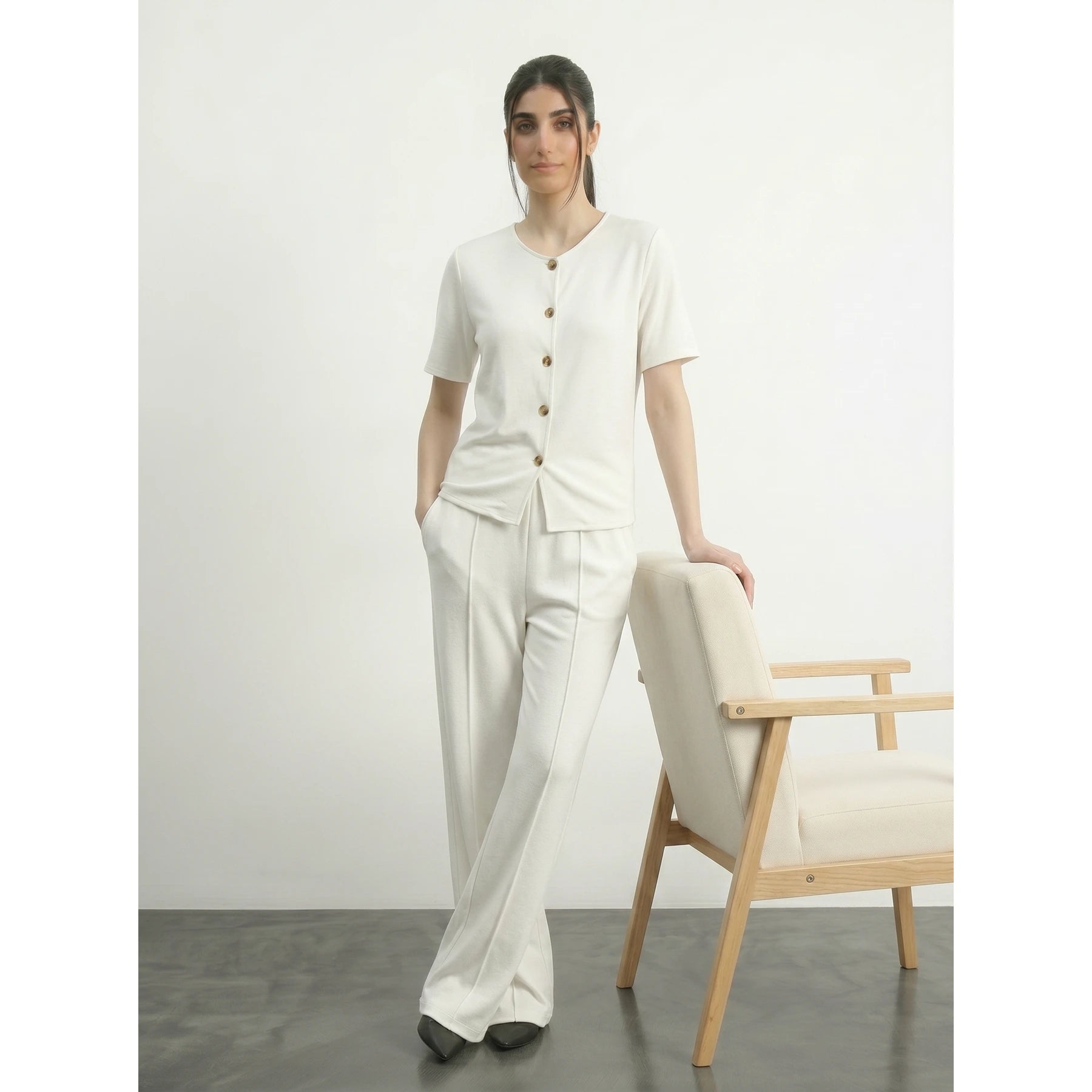 Off-White Crew Neck Button Down Top | Montivo Pakistan