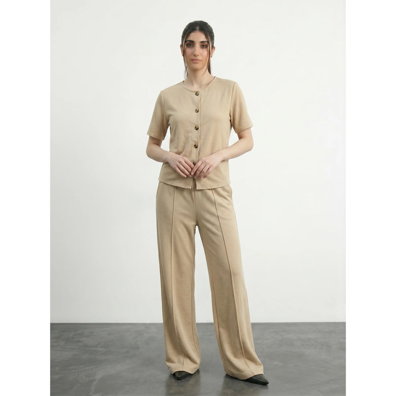 Wheat Crew Neck Button Down Top | Montivo Pakistan