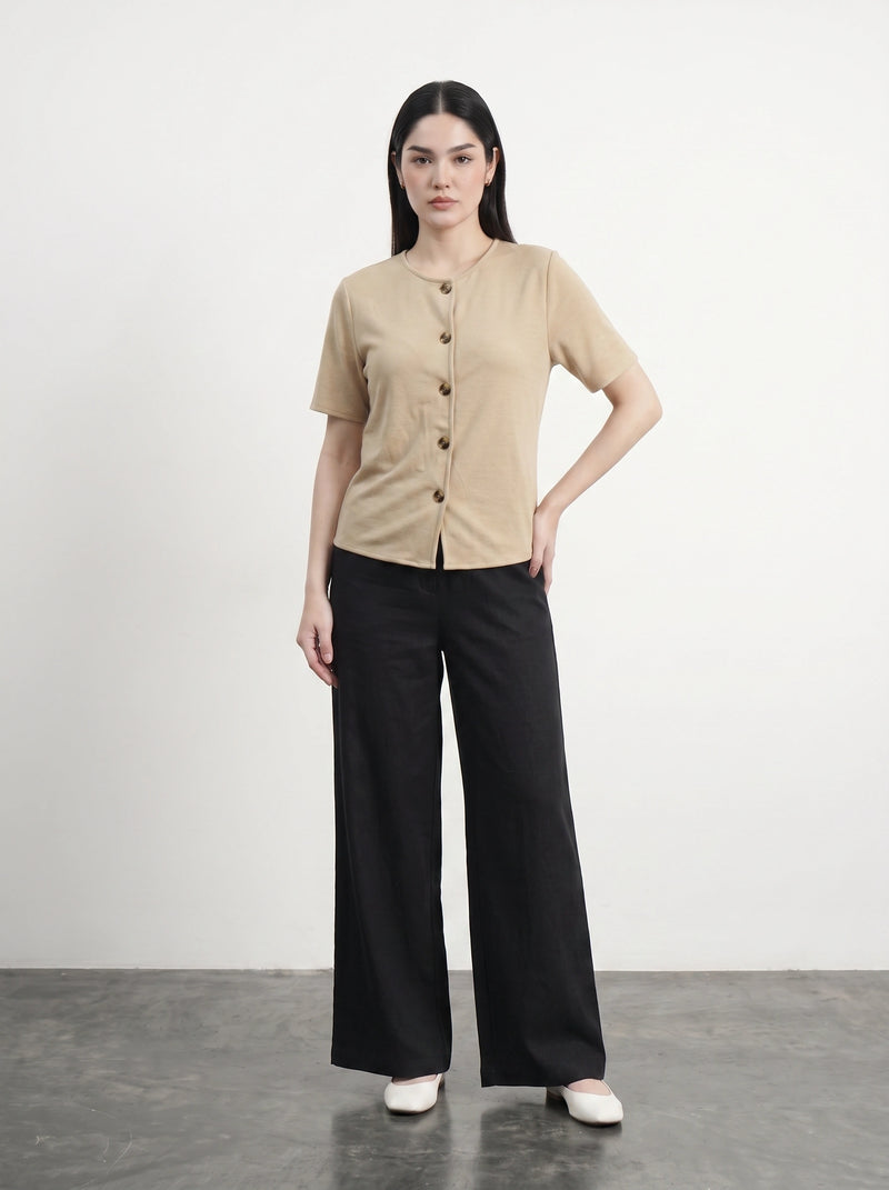 Wheat Crew Neck Button Down Top | Montivo Pakistan