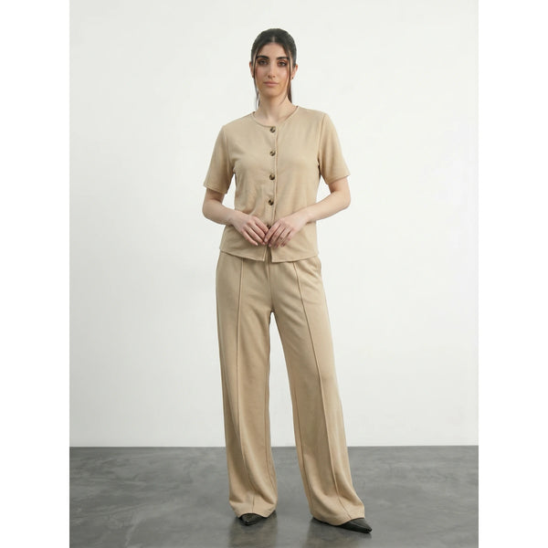 Wheat Crew Neck Button Down Top | Montivo Pakistan
