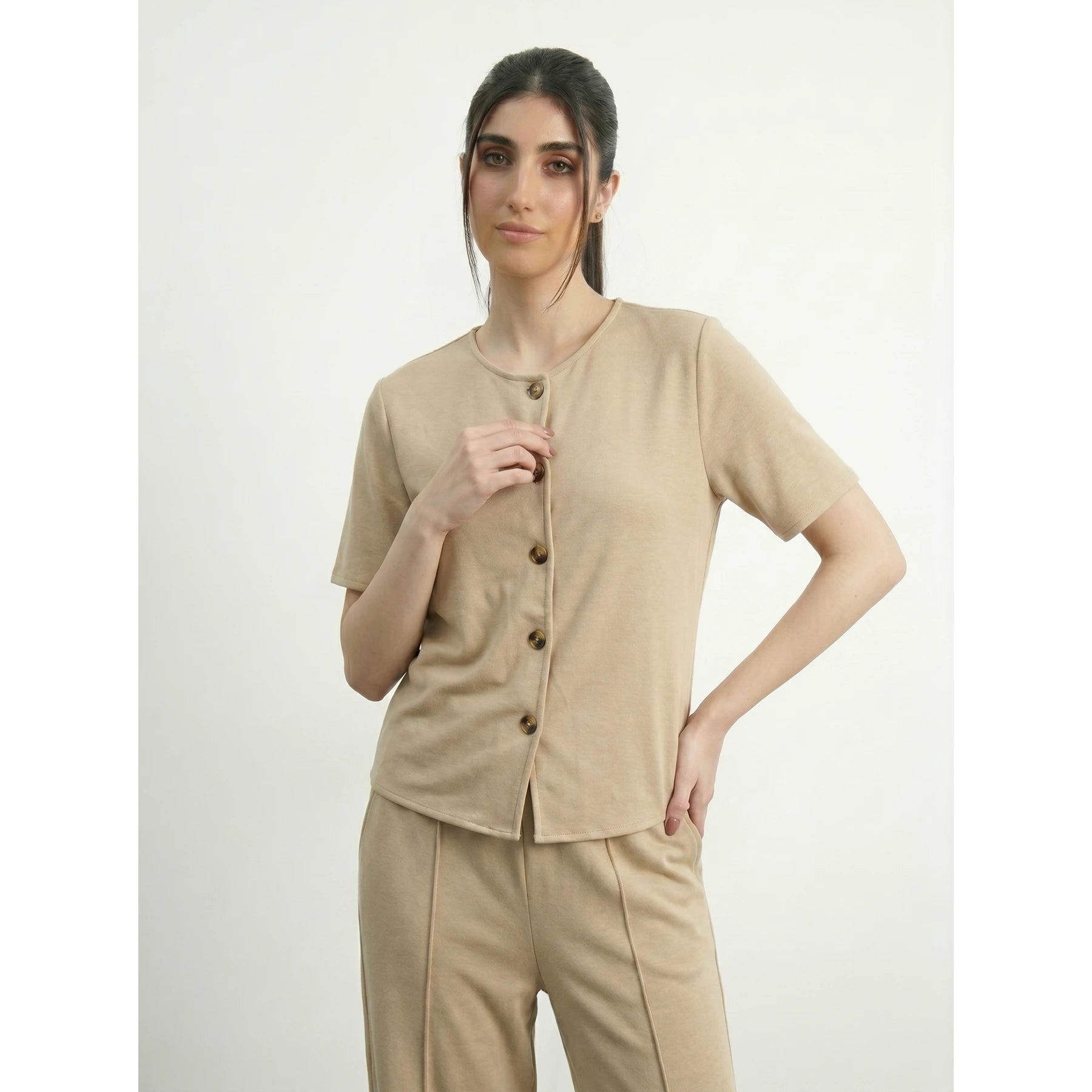 Wheat Crew Neck Button Down Top | Montivo Pakistan