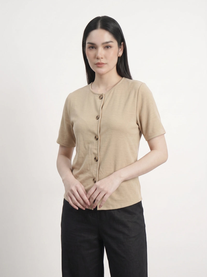 Wheat Crew Neck Button Down Top | Montivo Pakistan
