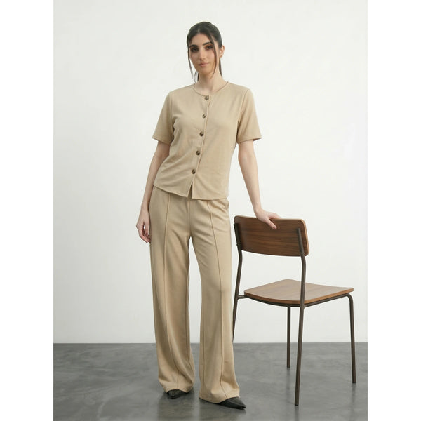 Wheat Crew Neck Button Down Top | Montivo Pakistan