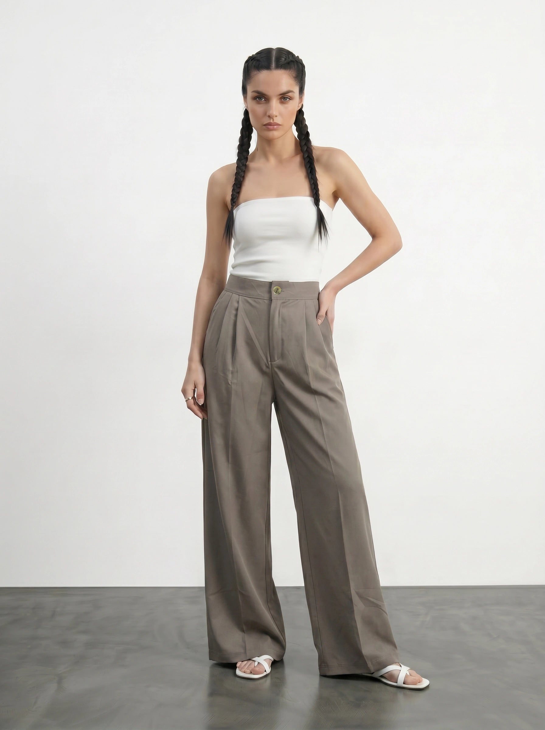 Nude Wide Leg Pleated Pants | Montivo Pakistan