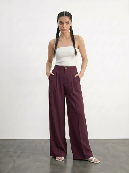 Burgundy Textured Wide Leg Pleated Pants | Montivo Pakistan