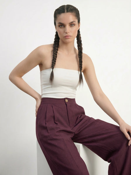 Burgundy Textured Wide Leg Pleated Pants | Montivo Pakistan