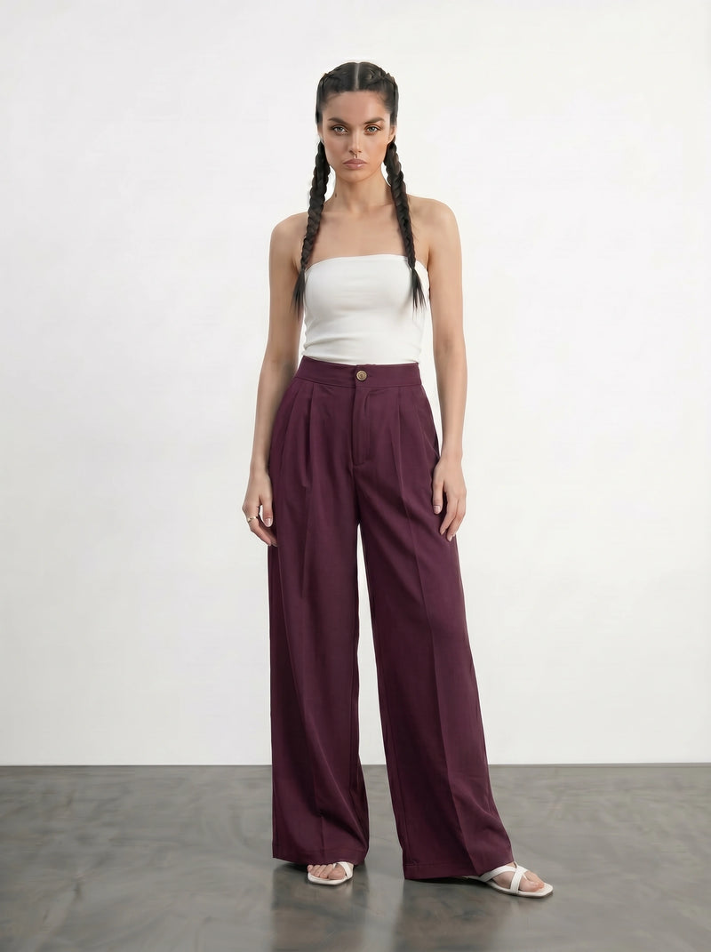Burgundy Textured Wide Leg Pleated Pants | Montivo Pakistan