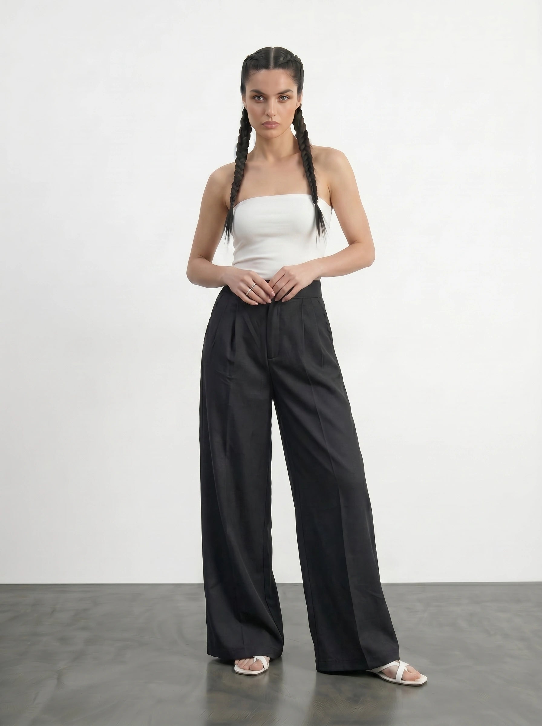 Black Textured Wide Leg Pleated Pants | Montivo Pakistan