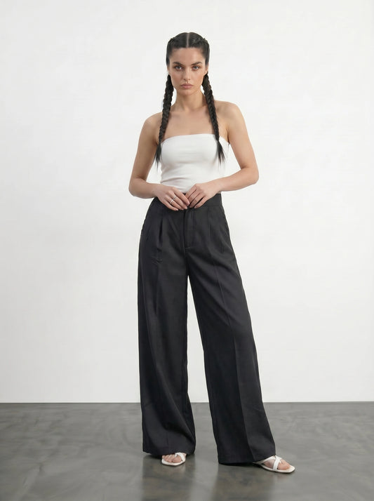 Black Textured Wide Leg Pleated Pants | Montivo Pakistan