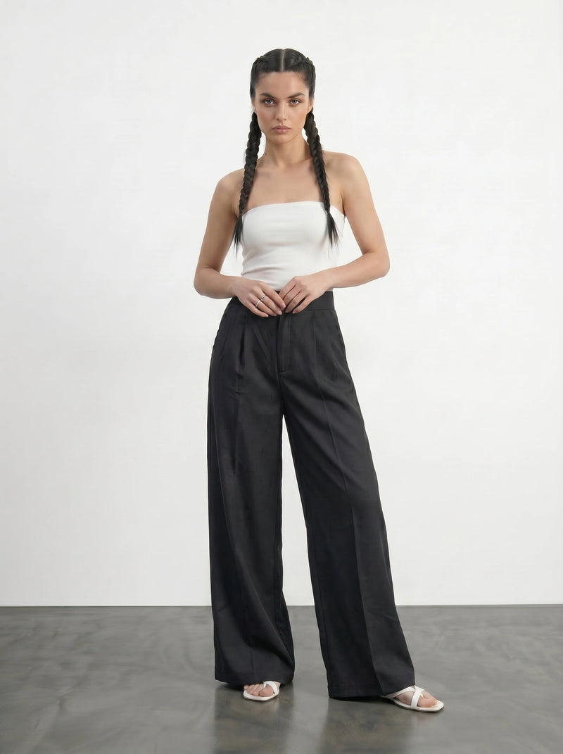 Black Textured Wide Leg Pleated Pants | Montivo Pakistan