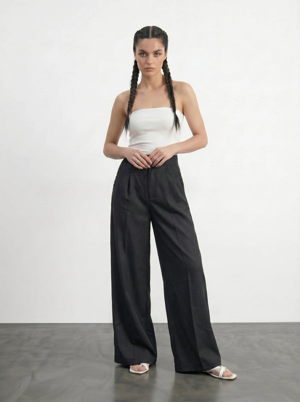 Black Textured Wide Leg Pleated Pants | Montivo Pakistan