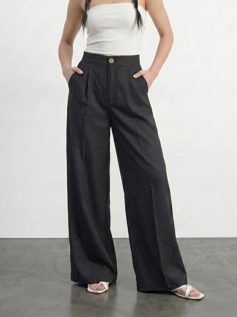 Black Textured Wide Leg Pleated Pants | Montivo Pakistan