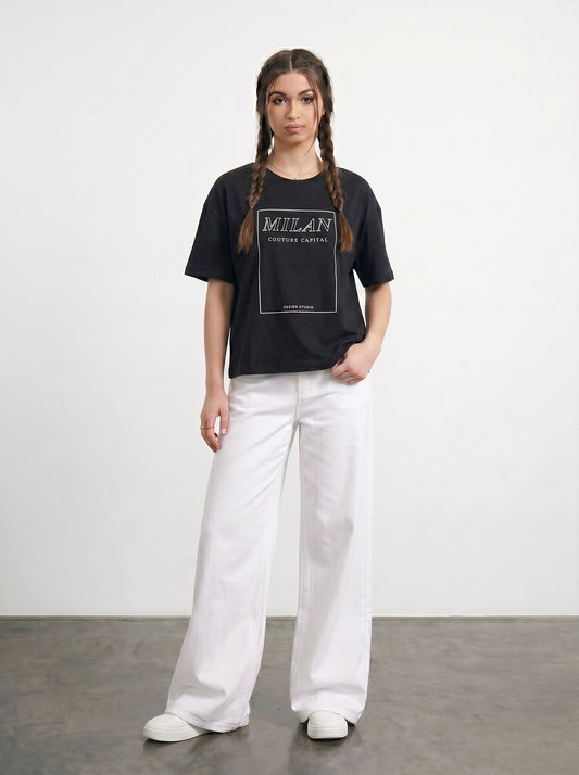 Black Cropped Printed Graphic Tshirt | Montivo Pakistan